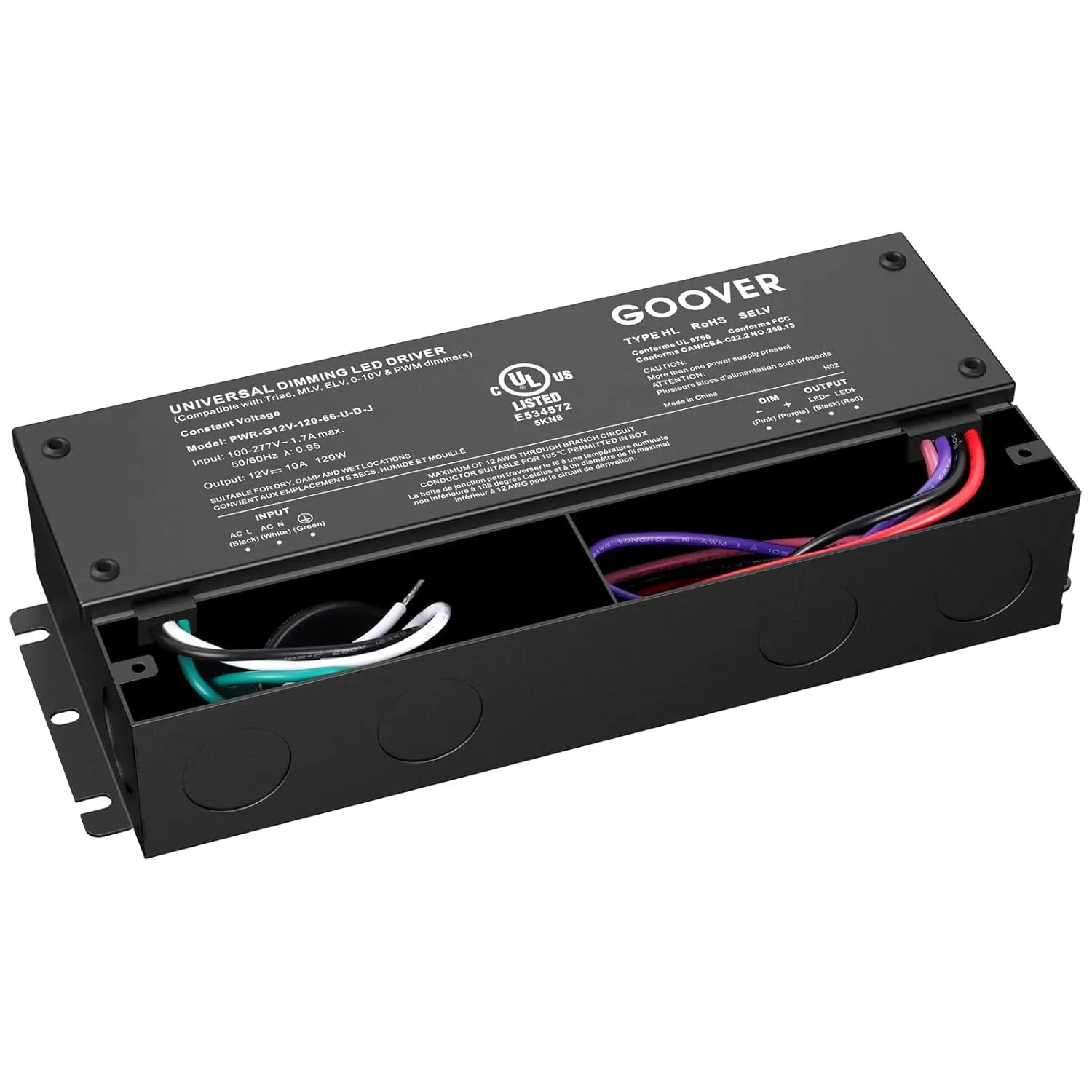 GOOVER 120W Dimmable LED Driver, 12V Triac Dimmable Power Supply, AC to DC Transformer for LED Light, Compatible with Lutron and Leviton Dimmer, Waterproof IP67 and UL Listed