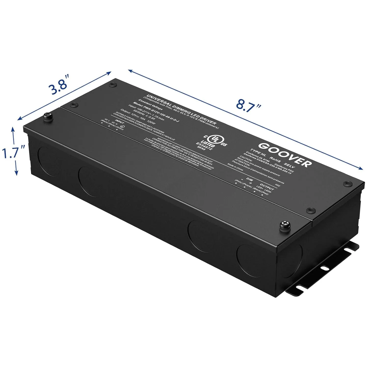 GOOVER 120W Dimmable LED Driver, 12V Triac Dimmable Power Supply, AC to DC Transformer for LED Light, Compatible with Lutron and Leviton Dimmer, Waterproof IP67 and UL Listed