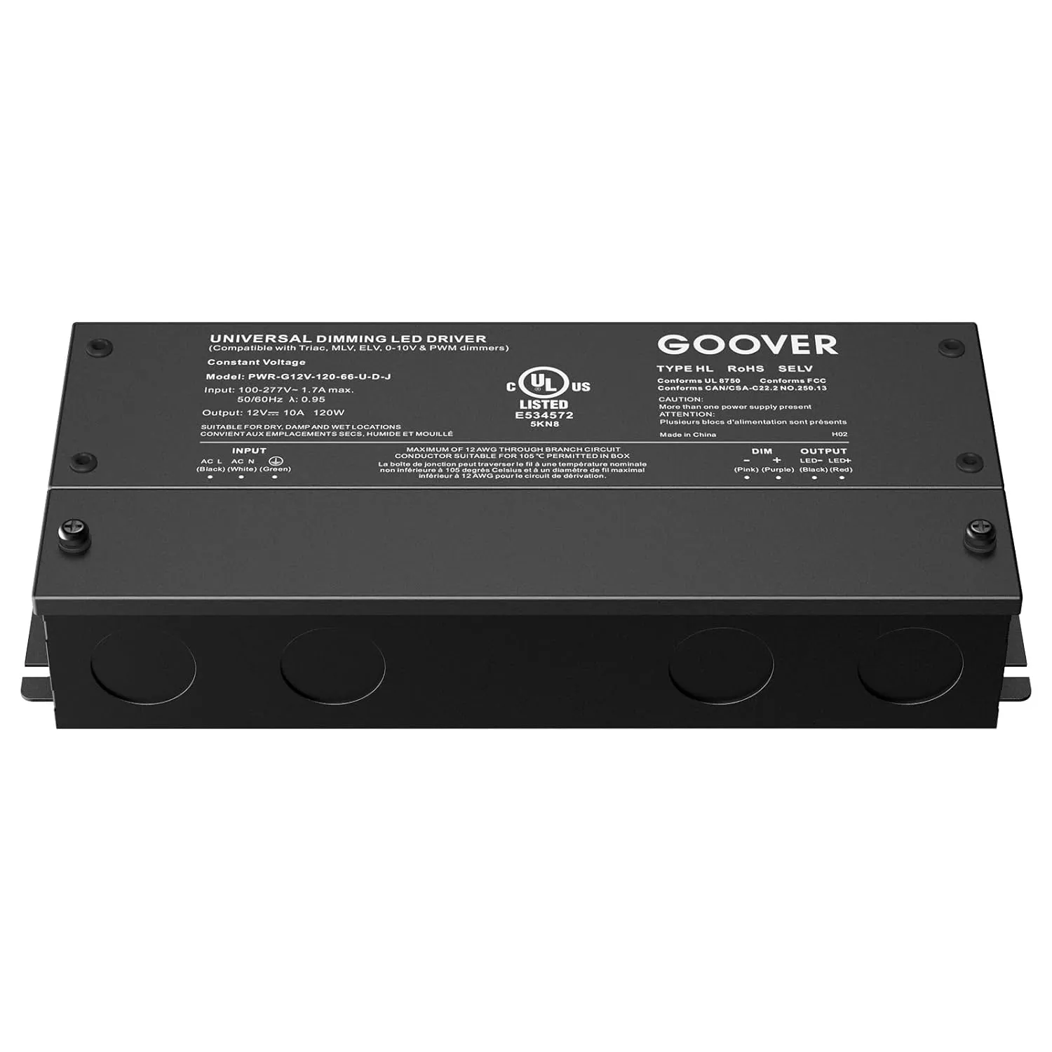 GOOVER 120W Dimmable LED Driver, 12V Triac Dimmable Power Supply, AC to DC Transformer for LED Light, Compatible with Lutron and Leviton Dimmer, Waterproof IP67 and UL Listed