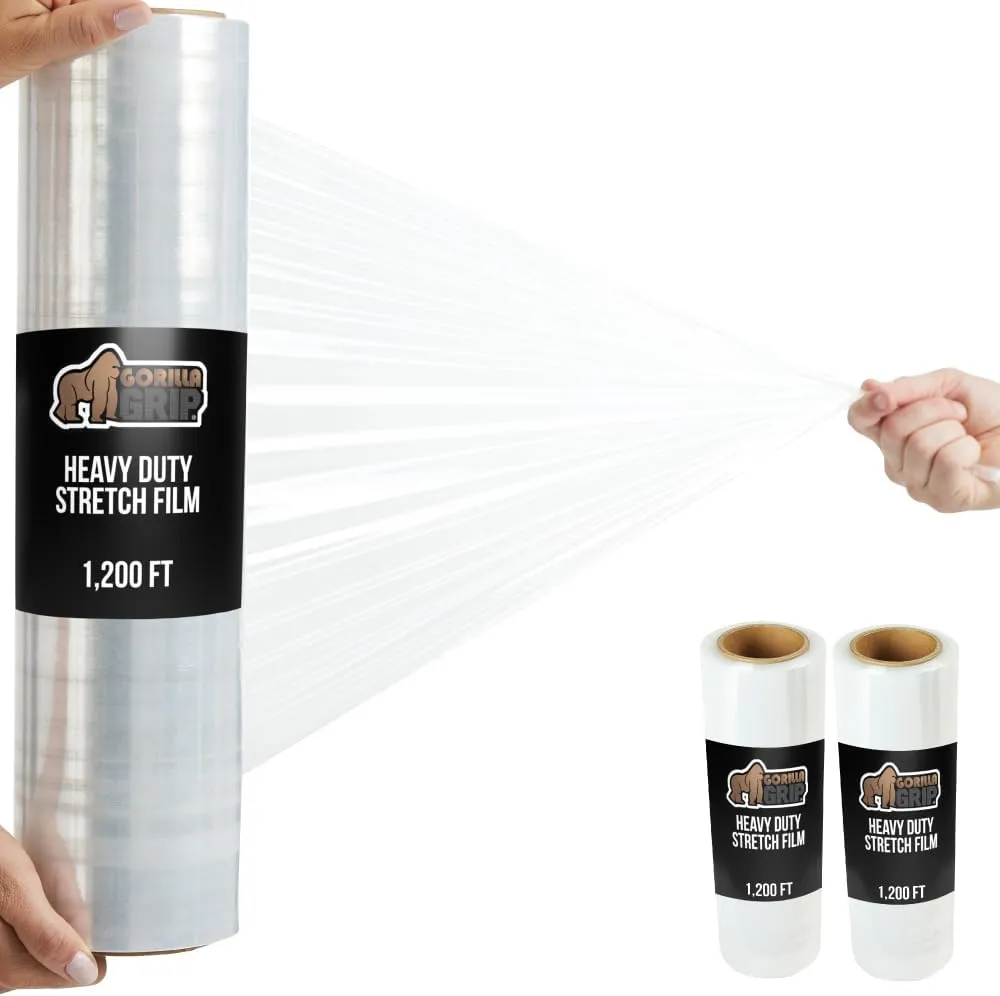 GORILLA GRIP 500% Stretch Film Heavy Duty Plastic, 2 Pack 1200ft Shrink Wrap Rolls 17" Puncture Resistant, Industrial Strength for Pallet Storing, Wrapping, Moving, Packing Furniture Protection Clear