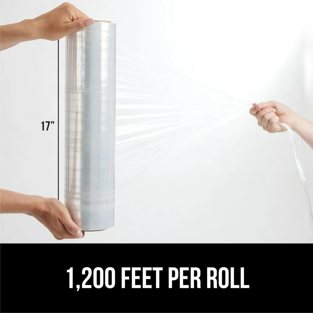 GORILLA GRIP 500% Stretch Film Heavy Duty Plastic, 2 Pack 1200ft Shrink Wrap Rolls 17" Puncture Resistant, Industrial Strength for Pallet Storing, Wrapping, Moving, Packing Furniture Protection Clear