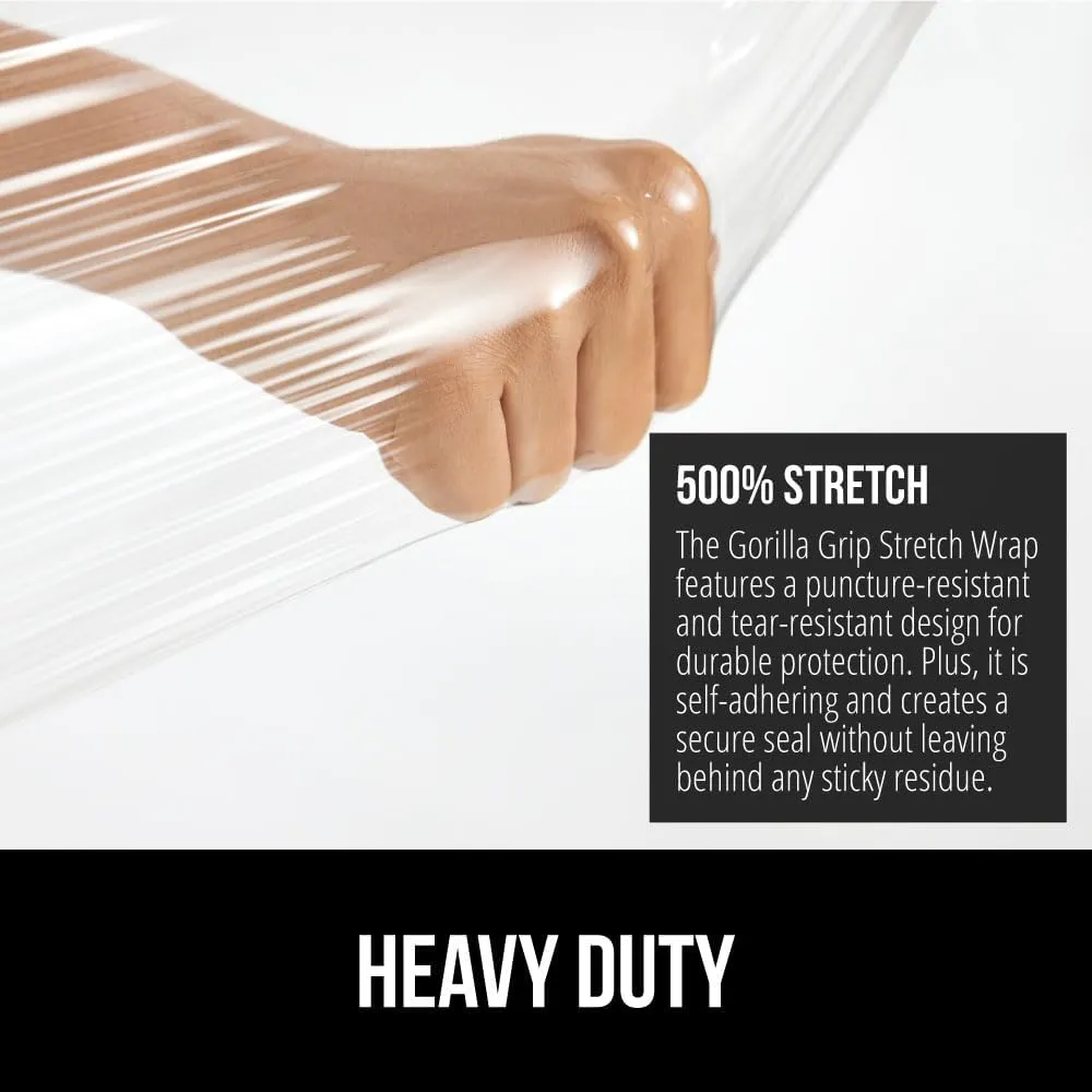 GORILLA GRIP 500% Stretch Film Heavy Duty Plastic, 2 Pack 1200ft Shrink Wrap Rolls 17" Puncture Resistant, Industrial Strength for Pallet Storing, Wrapping, Moving, Packing Furniture Protection Clear