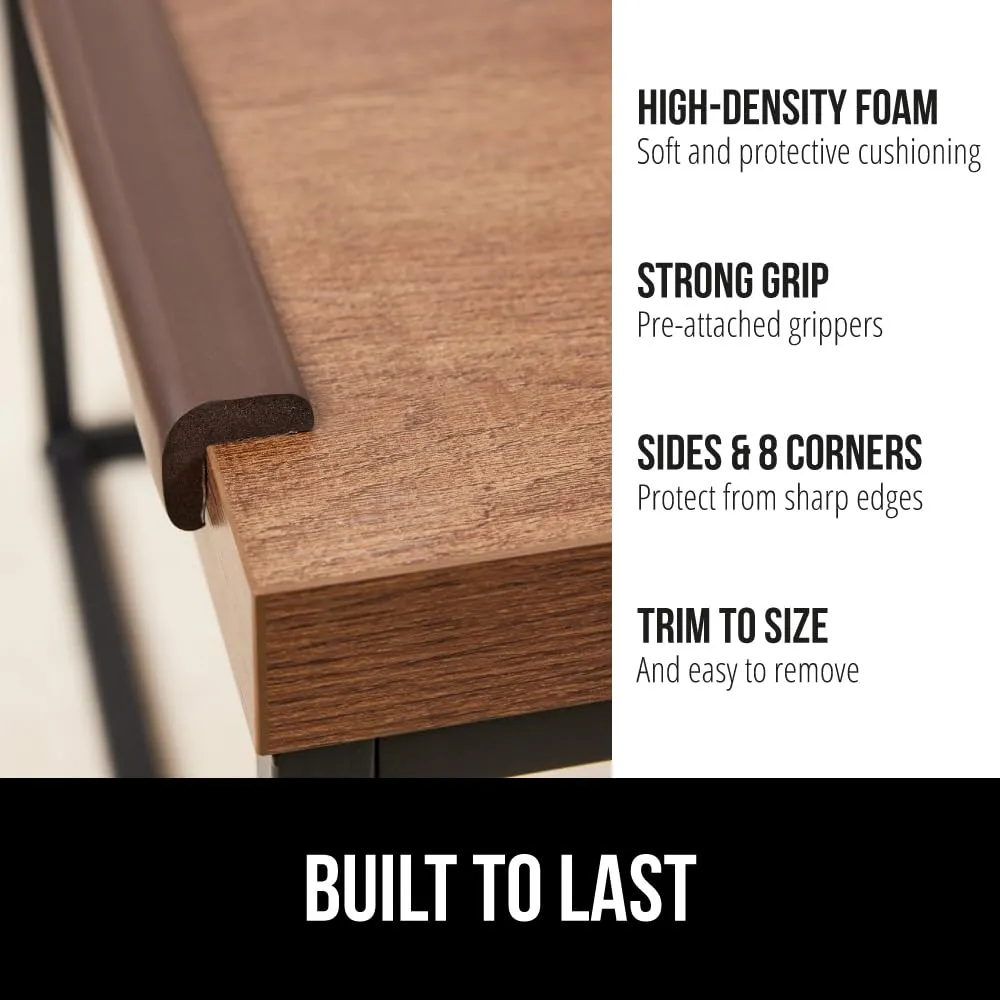GORILLA GRIP Baby Proof Corners and Edges for Furniture, Kid Proofing Adhesive Table Corner Protectors, Heavy Duty Soft Rubber Foam Protection, Includes 8 Protective Safety Guards, 10 Feet, Brown