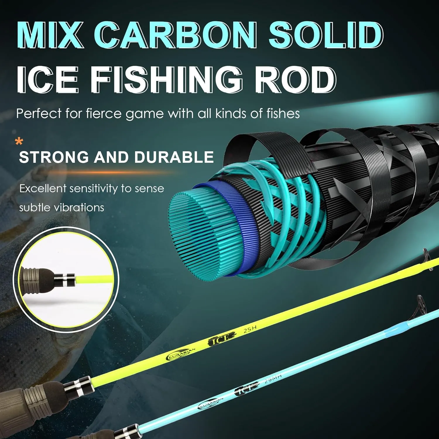 Graphite Fishing Rod Multi-Power 25/29 Inch, Fluorescent Tip, Carbon Fiber Medium to Heavy Fishing Rods, Anti-Tangle Guides, Portabl Travel Fishing Pole for Trout, Walleye, and Panfish