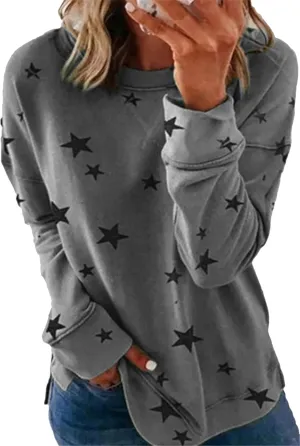 GRASWE Womens Casual Lightweight Sweatshirts Star Print Side Split Pullover Fashion Long Sleeve Tops