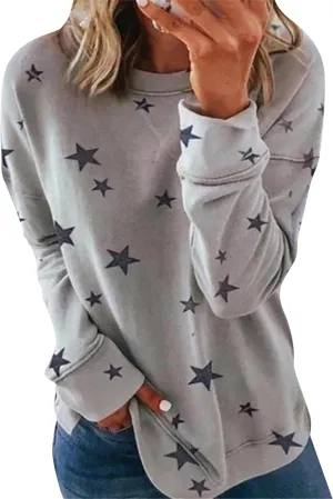 GRASWE Womens Casual Lightweight Sweatshirts Star Print Side Split Pullover Fashion Long Sleeve Tops