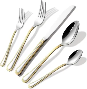'Greek Medusa' 40-Pcs. Fine Flatware Set, Silverware Cutlery Dining Service for 8, Premium 18/10 Surgical Stainless Steel, 24K Gold-Plated Trim