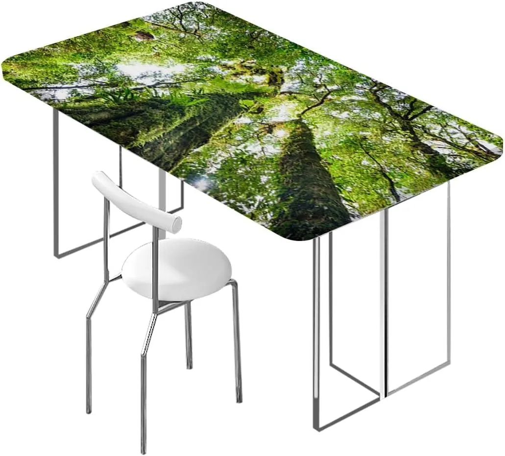 Green Brown Elastic Fitted Tablecloths, Tropical Jungle on Springtime Theme Water Resistant, Windproof Table Protector for Dining Room Table Rainforest Fits up 5 Foot Tables