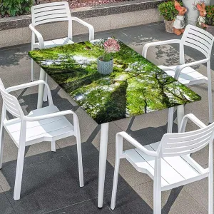 Green Brown Elastic Fitted Tablecloths, Tropical Jungle on Springtime Theme Water Resistant, Windproof Table Protector for Dining Room Table Rainforest Fits up 5 Foot Tables