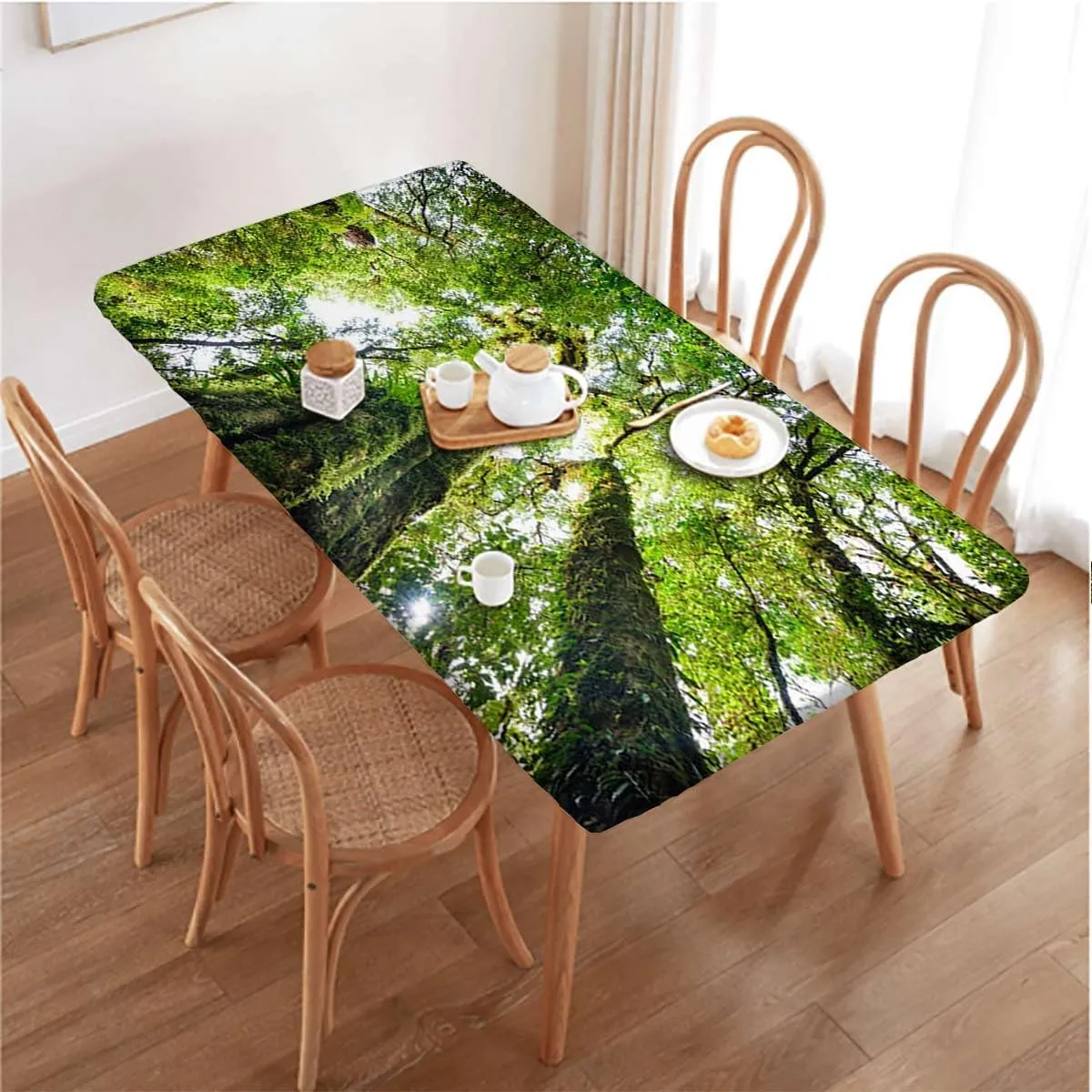 Green Brown Elastic Fitted Tablecloths, Tropical Jungle on Springtime Theme Water Resistant, Windproof Table Protector for Dining Room Table Rainforest Fits up 5 Foot Tables
