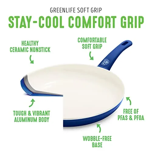 GreenLife Soft Grip Healthy Ceramic Nonstick 7" and 10" Frying Pan Set, Non Toxic PFAS & PFOA-Free, Dishwasher Safe, Egg Omelet Skillet, Cookware for Easy Cooking, Kitchen Essentials, Turquoise