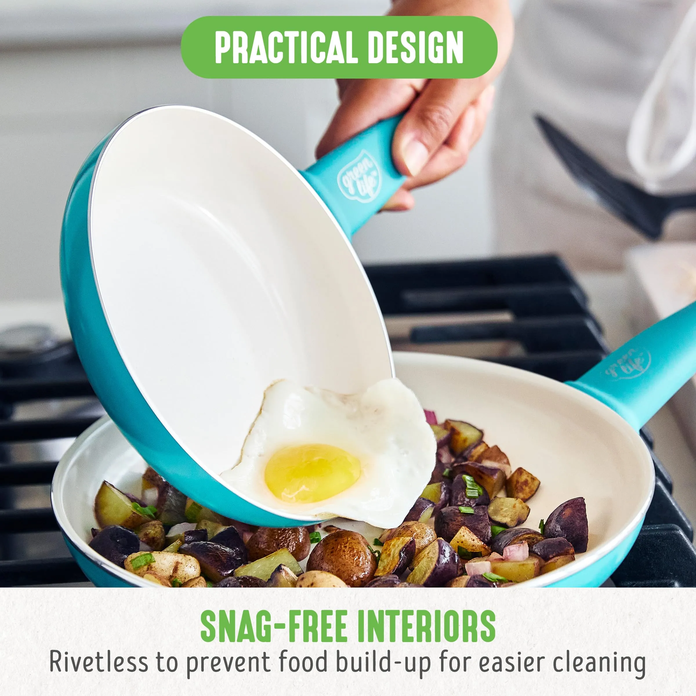 GreenLife Soft Grip Healthy Ceramic Nonstick 7" and 10" Frying Pan Set, Non Toxic PFAS & PFOA-Free, Dishwasher Safe, Egg Omelet Skillet, Cookware for Easy Cooking, Kitchen Essentials, Turquoise