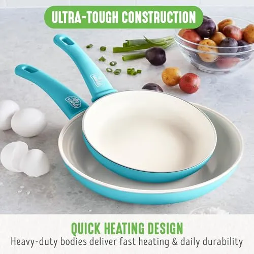 GreenLife Soft Grip Healthy Ceramic Nonstick 7" and 10" Frying Pan Set, Non Toxic PFAS & PFOA-Free, Dishwasher Safe, Egg Omelet Skillet, Cookware for Easy Cooking, Kitchen Essentials, Turquoise
