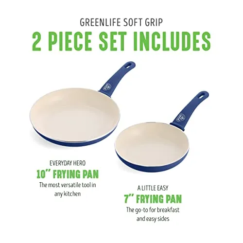 GreenLife Soft Grip Healthy Ceramic Nonstick 7" and 10" Frying Pan Set, Non Toxic PFAS & PFOA-Free, Dishwasher Safe, Egg Omelet Skillet, Cookware for Easy Cooking, Kitchen Essentials, Turquoise
