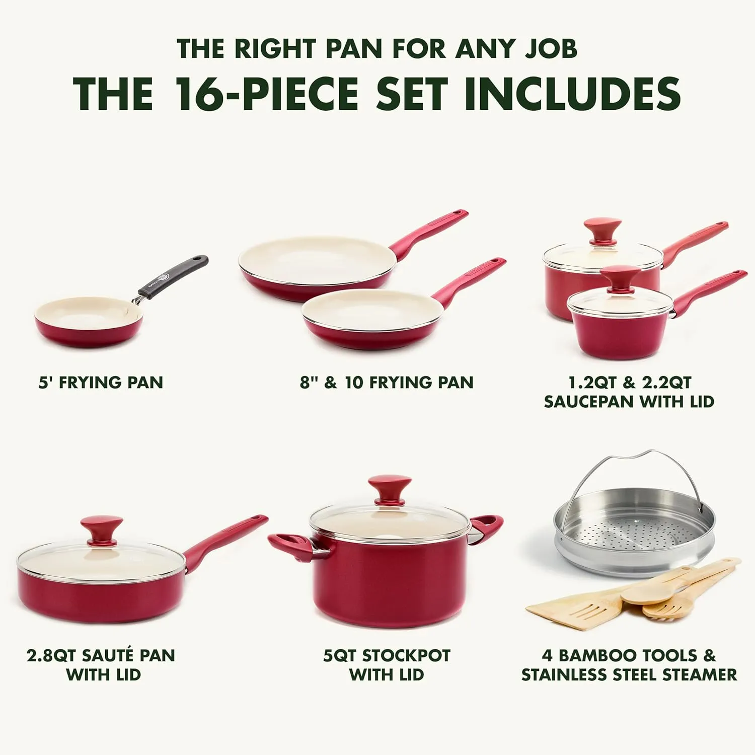 GreenPan Rio Healthy Ceramic Nonstick 16 Piece Cookware Pots and Pans Set, PFAS-Free, Dishwasher Safe, Red