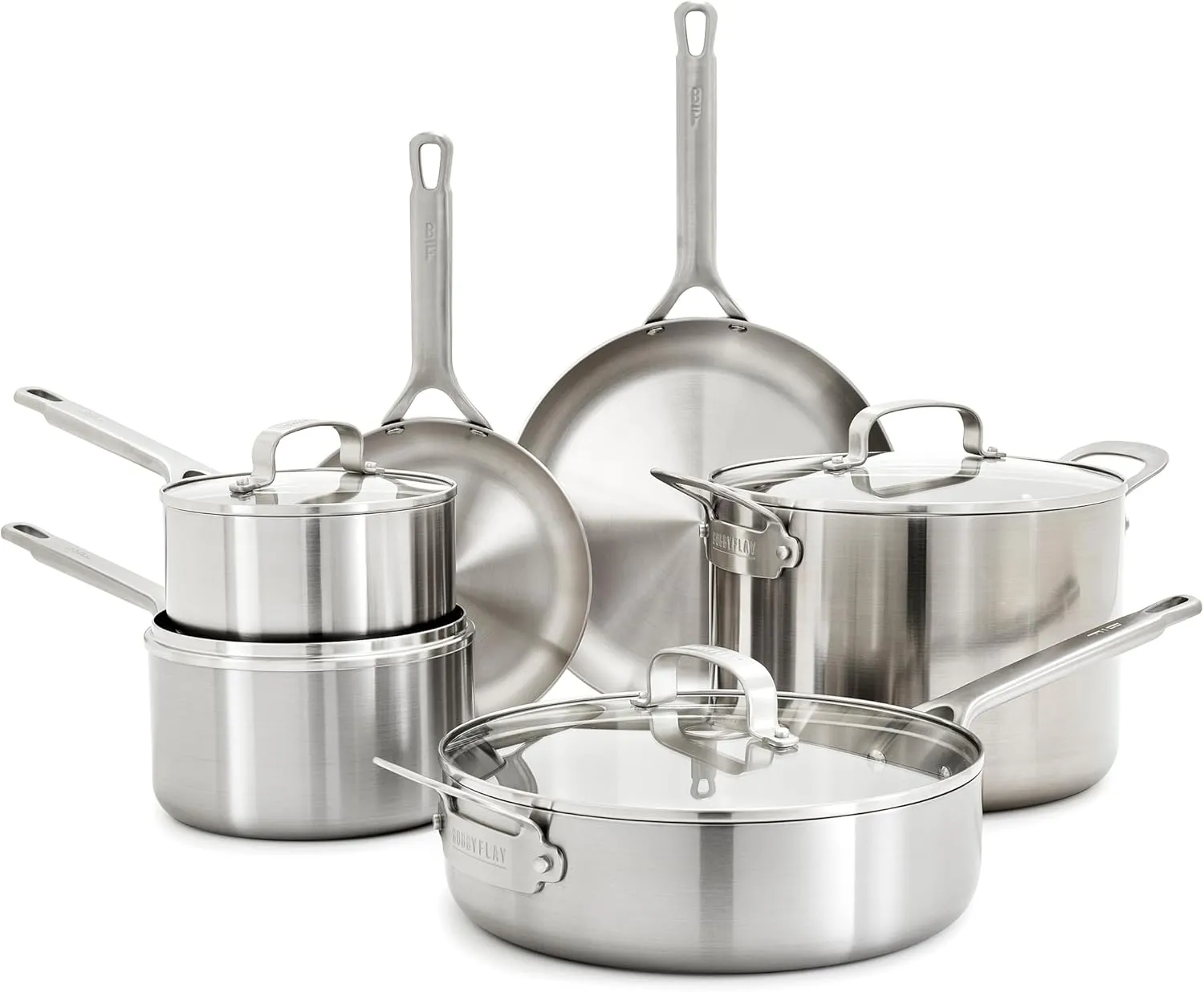 GreenPan x Bobby Flay Tri-Ply Stainless Steel Cookware Set,10 Piece Pots & Pans, Multiclad, Induction Compatible, Oven & Broiler Safe to 400°F, Heat Responsive Core, Dishwasher Safe, Glass Lids