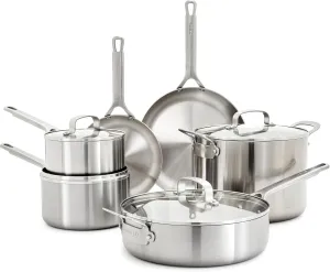 GreenPan x Bobby Flay Tri-Ply Stainless Steel Cookware Set,10 Piece Pots & Pans, Multiclad, Induction Compatible, Oven & Broiler Safe to 400°F, Heat Responsive Core, Dishwasher Safe, Glass Lids