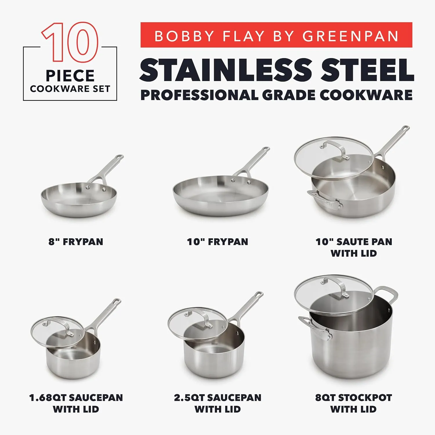 GreenPan x Bobby Flay Tri-Ply Stainless Steel Cookware Set,10 Piece Pots & Pans, Multiclad, Induction Compatible, Oven & Broiler Safe to 400°F, Heat Responsive Core, Dishwasher Safe, Glass Lids