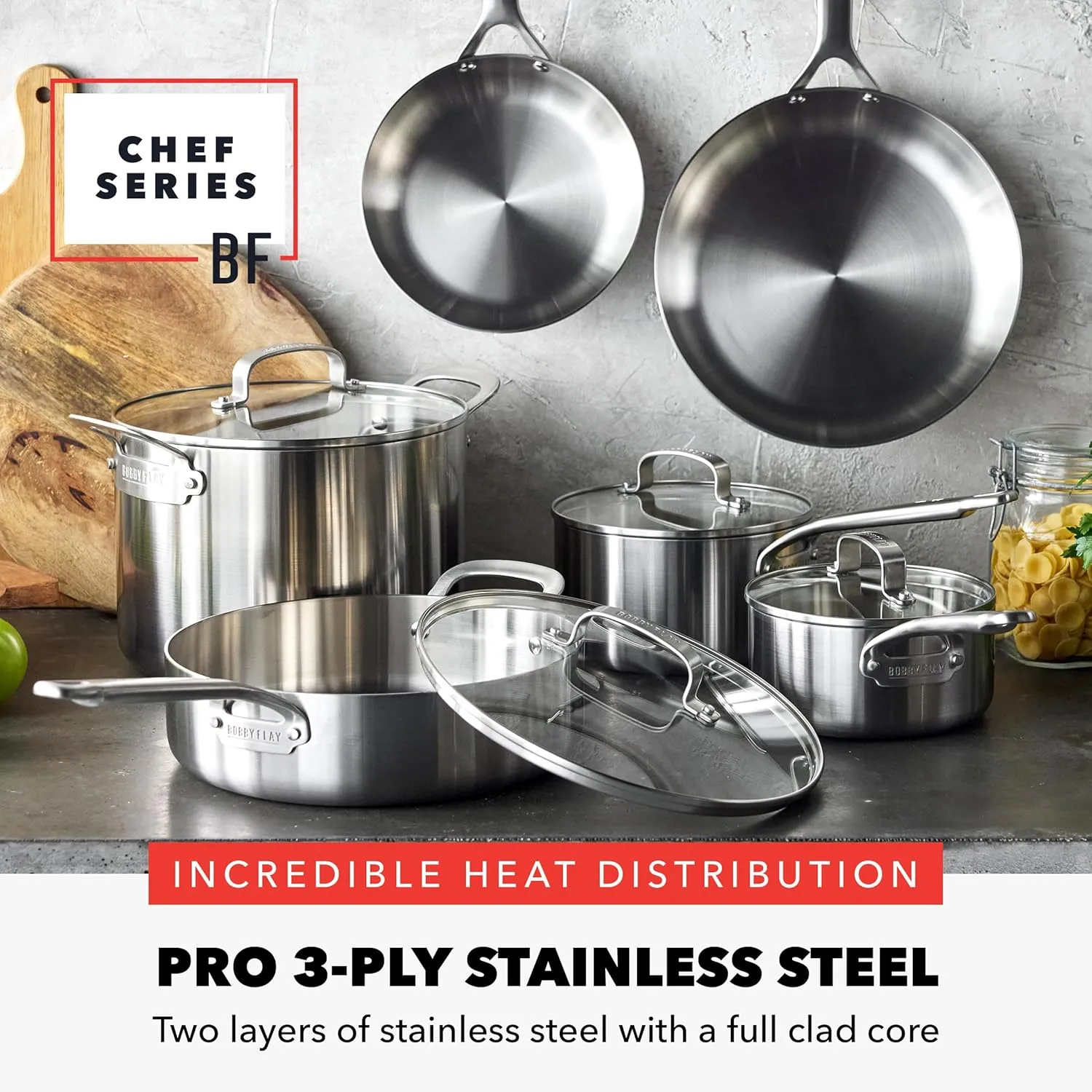 GreenPan x Bobby Flay Tri-Ply Stainless Steel Cookware Set,10 Piece Pots & Pans, Multiclad, Induction Compatible, Oven & Broiler Safe to 400°F, Heat Responsive Core, Dishwasher Safe, Glass Lids