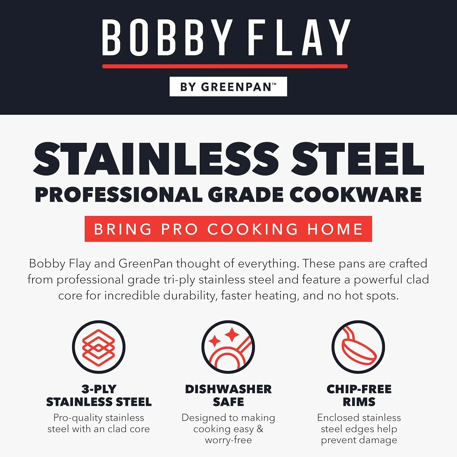 GreenPan x Bobby Flay Tri-Ply Stainless Steel Cookware Set,10 Piece Pots & Pans, Multiclad, Induction Compatible, Oven & Broiler Safe to 400°F, Heat Responsive Core, Dishwasher Safe, Glass Lids