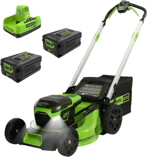 Greenworks 60V 21” Cordless (Self-Propelled) Lawn Mower (LED Lights   Aluminum Handles), 2 x 4.0Ah Batteries and Dual Port Rapid Charger