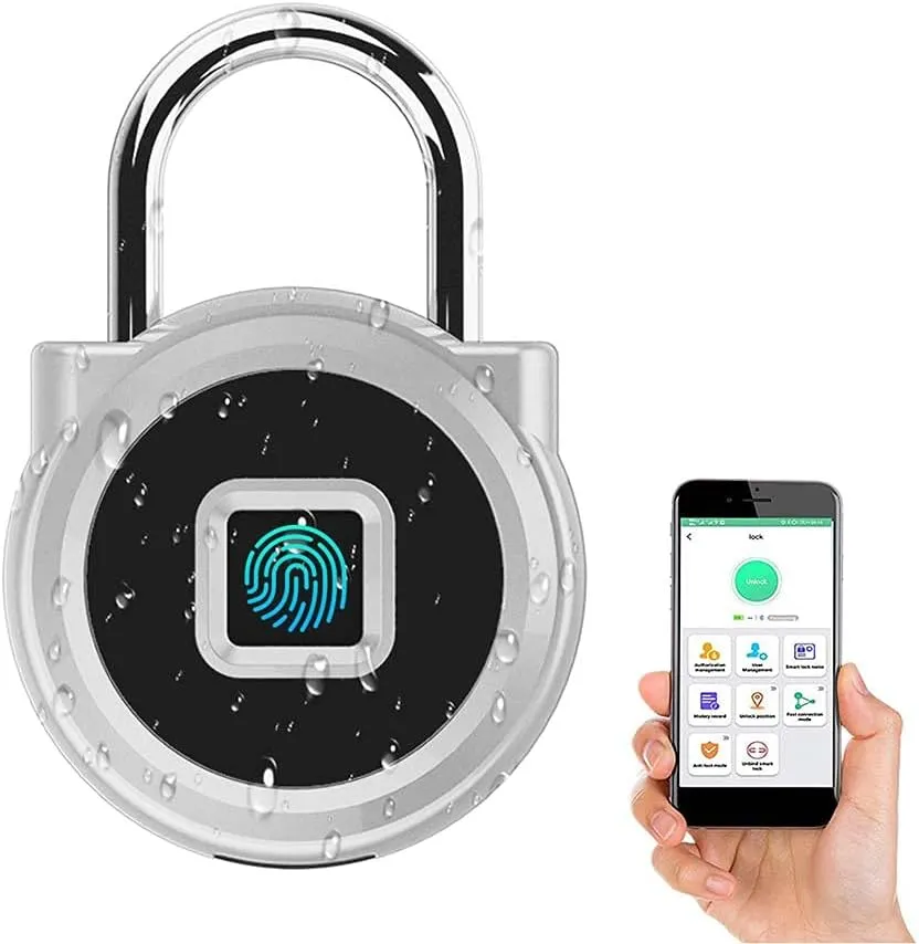 Gym Locker Padlock eLinkSmart Fingerprint Padlock Bluetooth App Authorized View Record Waterproof Security Keyless Smart Combination Lock for Outdoor Locker Backpack Gun Case Silver