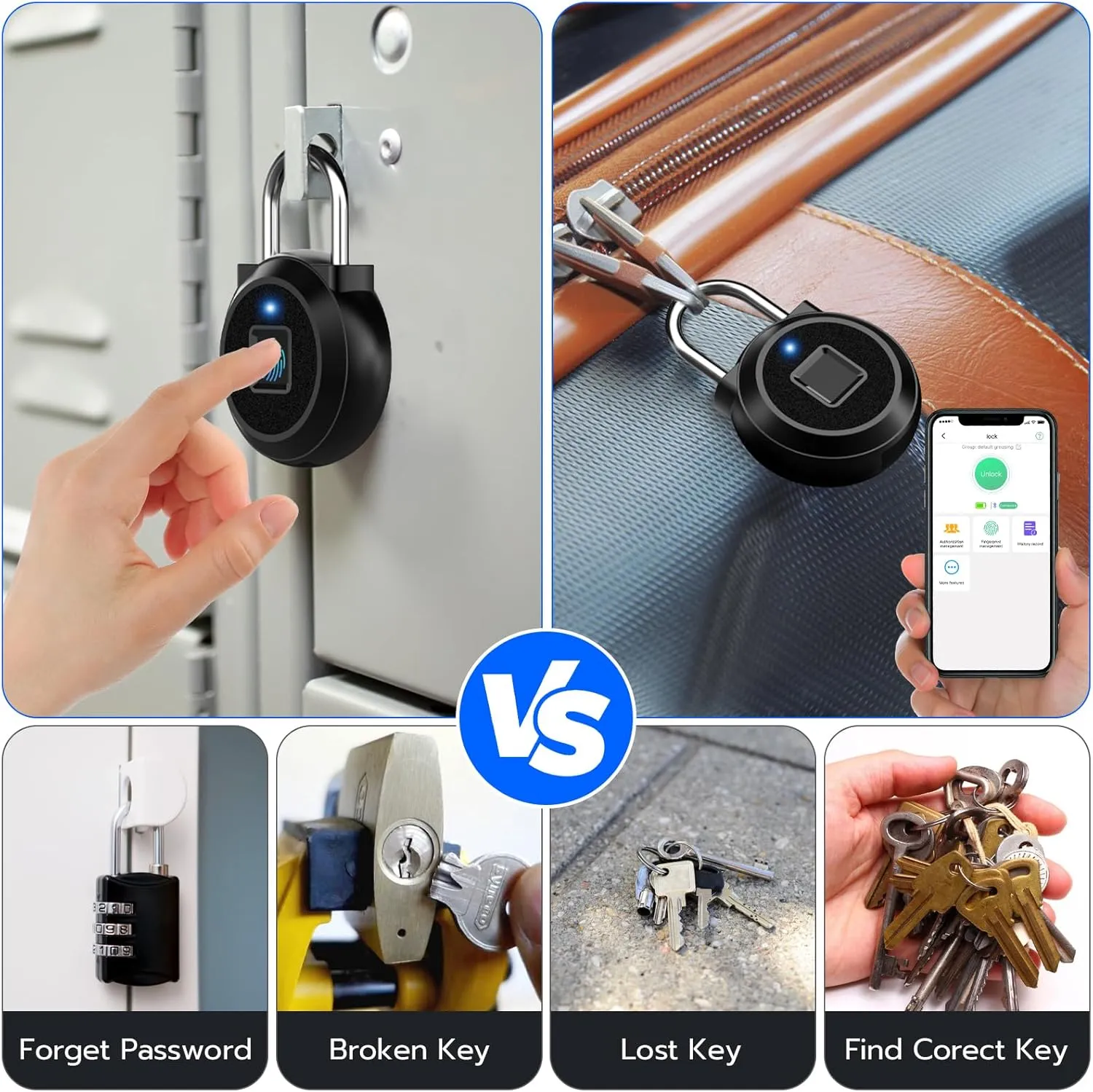 Gym Locker Padlock Fingerprint Padlock eLinkSmart - Waterproof Keyless Smart Lock Bluetooth App Authorized View Record Combination Padlock for School Gym Locker Gun Case Field Box Black