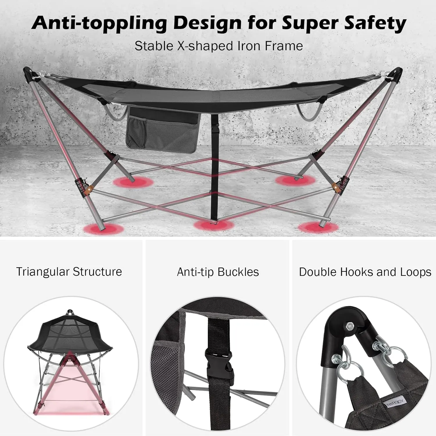 GYMAX Hammock with Stand Included, Camping Hammock with Carrying Bag & Storage Pocket, Portable Heavy Duty Self Standing Hammock, Indoor/Outdoor Hammock Chair for Patio Beach Yard Garden (Black)
