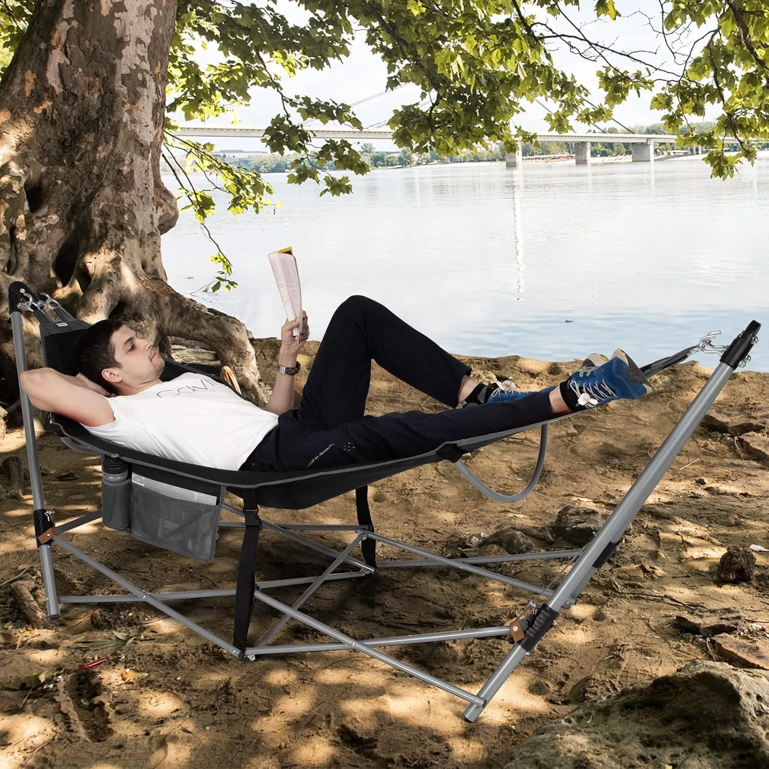 GYMAX Hammock with Stand Included, Camping Hammock with Carrying Bag & Storage Pocket, Portable Heavy Duty Self Standing Hammock, Indoor/Outdoor Hammock Chair for Patio Beach Yard Garden (Black)