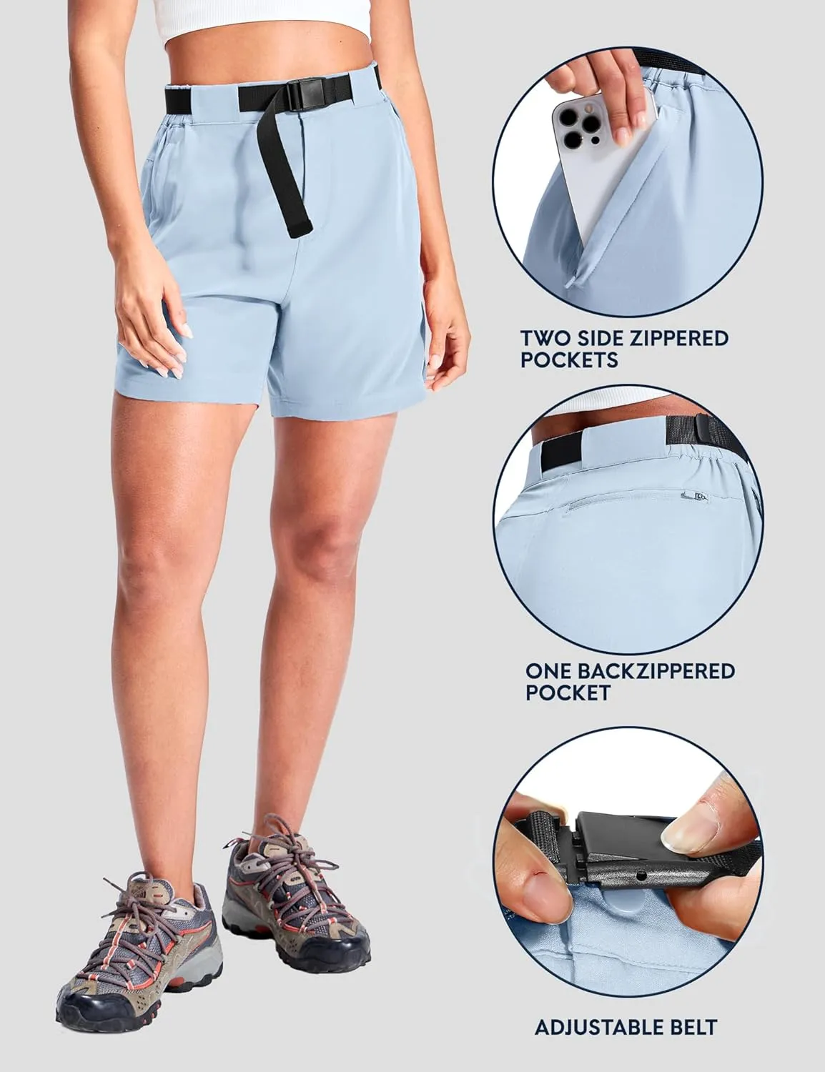 Haimont Women’s Hiking Shorts 5 inch with Pockets and Belt Quick Dry Stretch Lightweight Camping Travel Outdoor Shorts