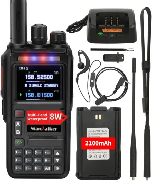 Ham Radio Handheld GMRS Radio: MaxTalker TK-W60 Waterproof Ham Radios Long Range 8W with Tactical Antenna, Two Way Radio Rechargeable Walkie Talkies with Earpiece, Multi-Band VHF UHF Radio for Camping