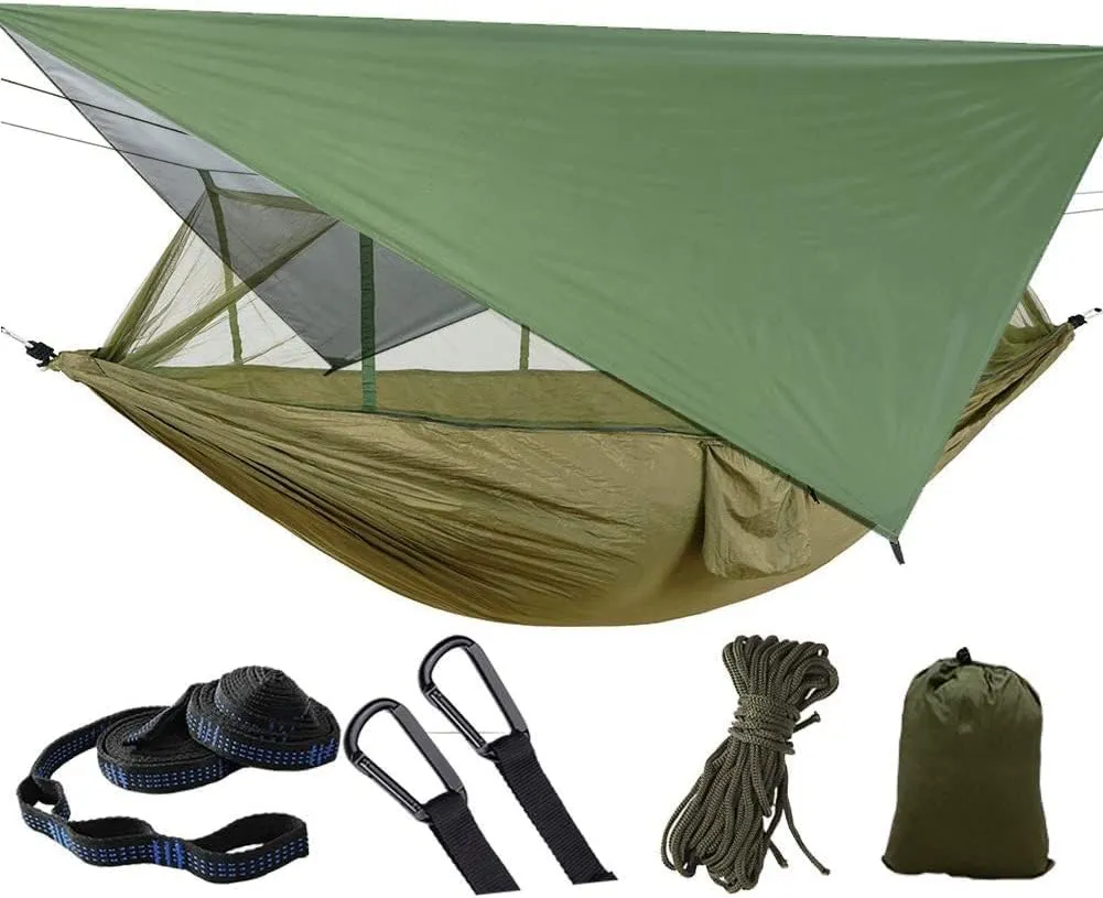 Hamaca Camping Hammock Set Waterproof Outdoor Hammock w/Mosquito Net Storage Bag Portable Sheild Quick Open Automatic Canopy Awning Tent Backpacking Accessories, Army Green
