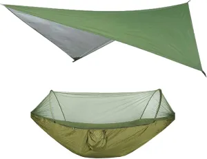 Hamaca Camping Hammock Set Waterproof Outdoor Hammock w/Mosquito Net Storage Bag Portable Sheild Quick Open Automatic Canopy Awning Tent Backpacking Accessories, Army Green