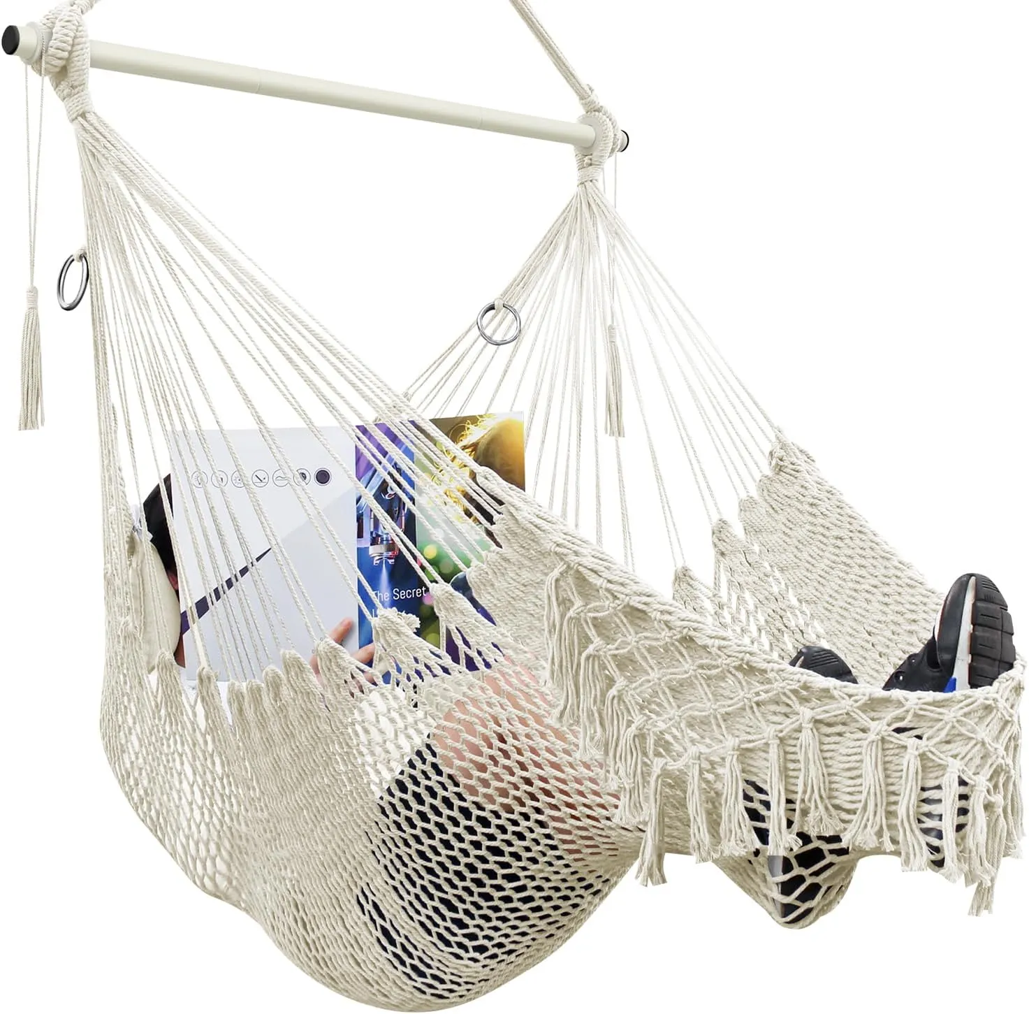 Hammock Chair, Cotton Rope Handwoven Chair with Collapsible Metal Spreader Bar Max 330 LBS for Indoor&Outdoor, Patio, Garden, Yard (Beige)