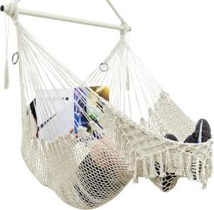 Hammock Chair, Cotton Rope Handwoven Chair with Collapsible Metal Spreader Bar Max 330 LBS for Indoor&Outdoor, Patio, Garden, Yard (Beige)