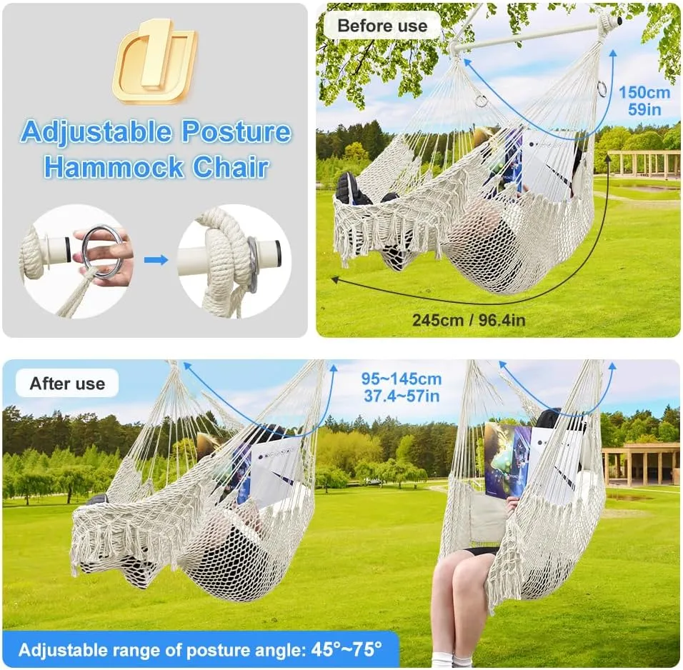 Hammock Chair, Cotton Rope Handwoven Chair with Collapsible Metal Spreader Bar Max 330 LBS for Indoor&Outdoor, Patio, Garden, Yard (Beige)
