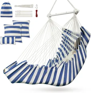 Hammock Chair, Hanging Chair with 3 Cushions and Foot Rest Support, Sturdy Metal Spreader Bar Max 440 Lbs, Swing Chair for Bedroom, Indoor & Outdoor, Patio, Porch or Tree（Blue and White）
