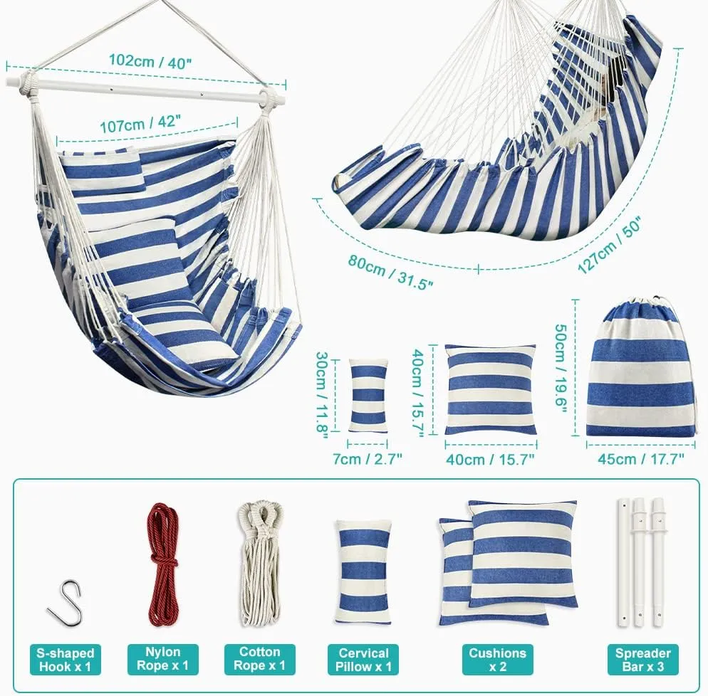 Hammock Chair, Hanging Chair with 3 Cushions and Foot Rest Support, Sturdy Metal Spreader Bar Max 440 Lbs, Swing Chair for Bedroom, Indoor & Outdoor, Patio, Porch or Tree（Blue and White）