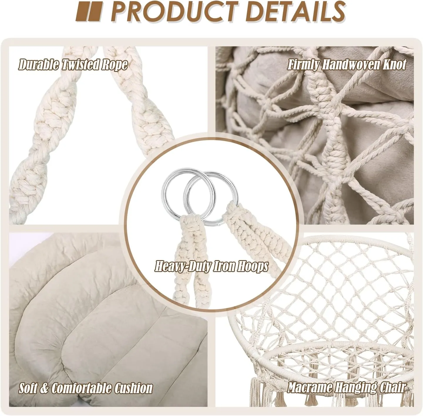 Hammock Chair with Cushion, Handmade Macrame Swing Chair with Hanging Hardware Kits, Bohemian Style Cotton Rope Hanging Chair for Bedroom Indoor Outdoor, Beige