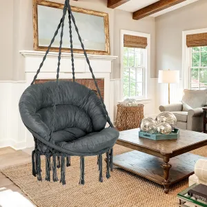 Hammock Chair with Cushion, Handmade Macrame Swing Chair with Hanging Hardware Kits, Bohemian Style Cotton Rope Hanging Chair for Bedroom Indoor Outdoor, Dark Grey