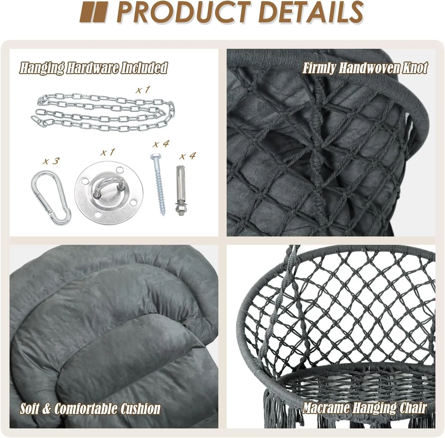 Hammock Chair with Cushion, Handmade Macrame Swing Chair with Hanging Hardware Kits, Bohemian Style Cotton Rope Hanging Chair for Bedroom Indoor Outdoor, Dark Grey