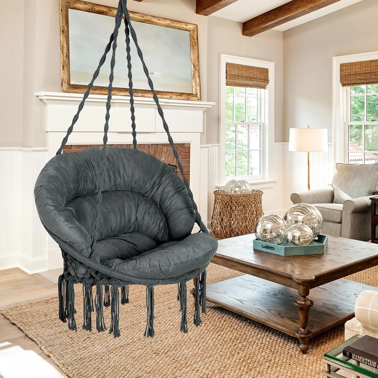 Hammock Chair with Cushion, Handmade Macrame Swing Chair with Hanging Hardware Kits, Bohemian Style Cotton Rope Hanging Chair for Bedroom Indoor Outdoor, Dark Grey