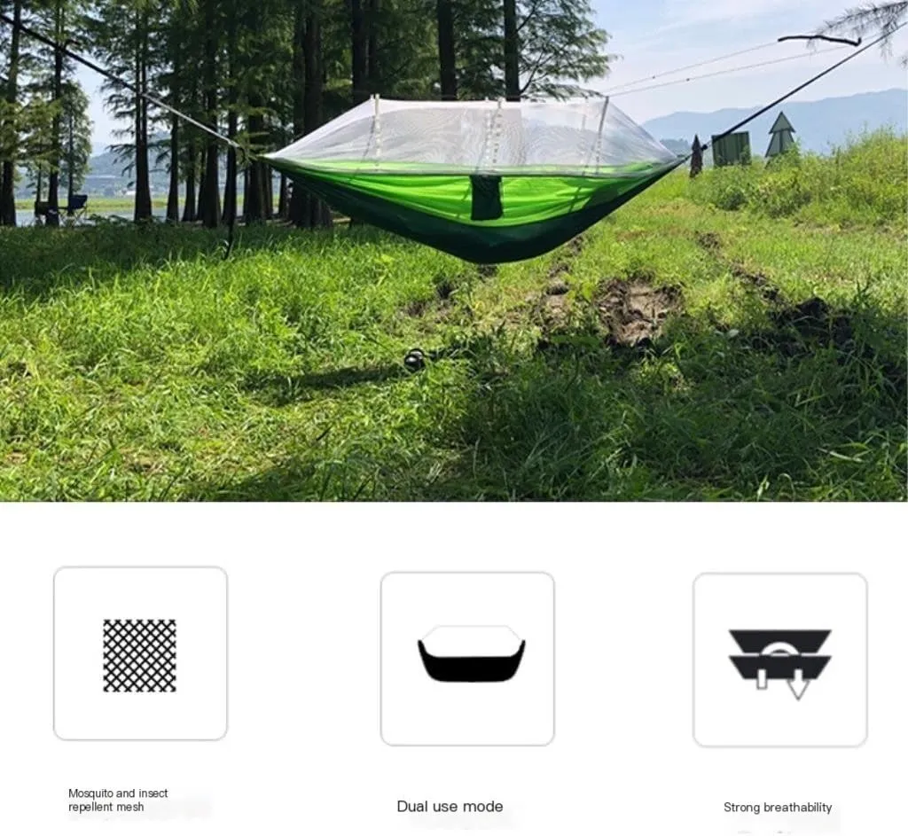 Hammock Outdoor Anti-Mosquito Hammock Automatic Quick Opening with Mosquito Net Parachute Cloth Single Double Hammocks for Outside(Blue,B)