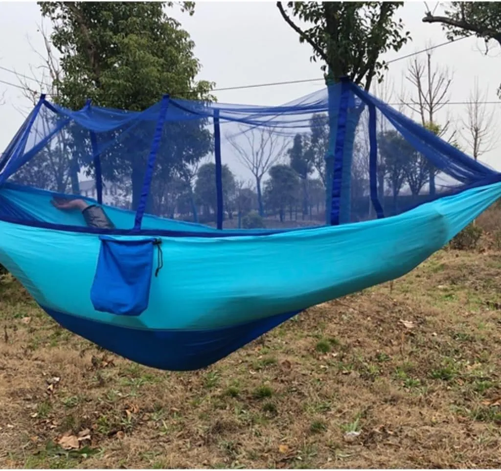 Hammock Outdoor Anti-Mosquito Hammock Automatic Quick Opening with Mosquito Net Parachute Cloth Single Double Hammocks for Outside(Blue,B)