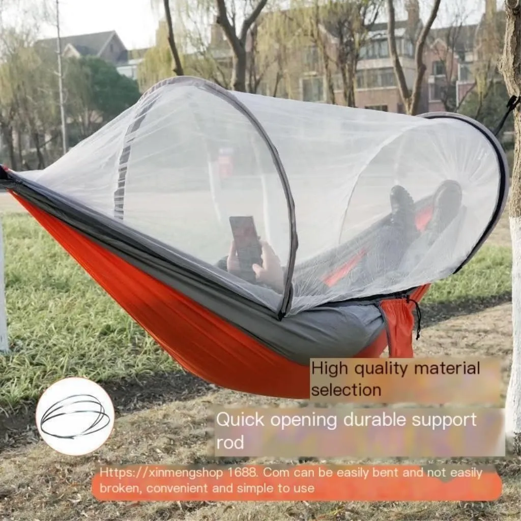 Hammock Outdoor Camping Anti-Rollover Nylon Hammock with Mosquito Net Automatic Quick-Opening Mosquito Net Hammock Hammocks for Outside(Blue)