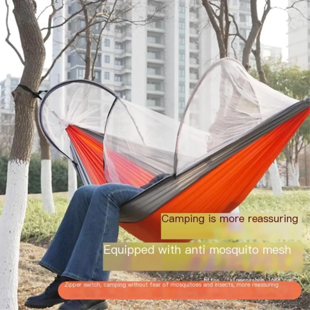 Hammock Outdoor Camping Anti-Rollover Nylon Hammock with Mosquito Net Automatic Quick-Opening Mosquito Net Hammock Hammocks for Outside(Blue)