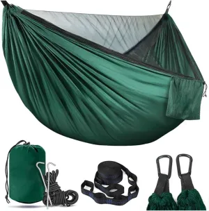 Hammock Portable Quick Setup Hammock with Mosquito Net Travel Outdoor Camping Hammock Hanging Sleeping Swing Bed with Mosquito Net Lightweight(Dark Green)