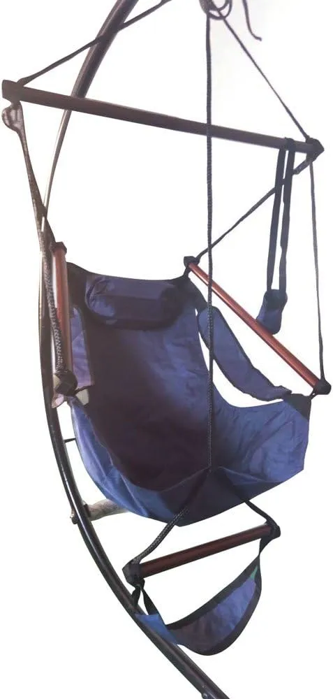 Hammock Swing Chair Hanging Sky Chair,Indoor/Outdoor Patio Air Deluxe Swing Seat Solid Wood Hammock Chair with Armrests,Foot Rest,Pillow,Drink Holder and Carrying Bag (Blue)