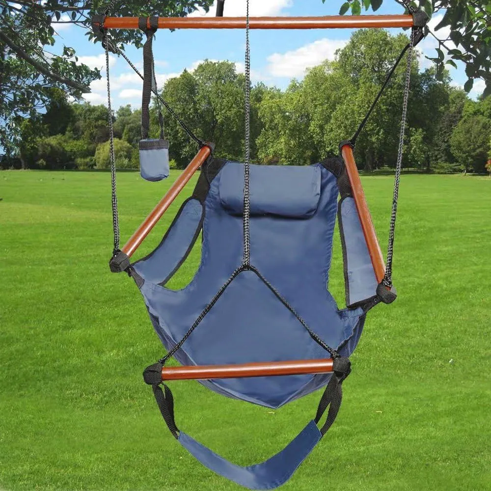 Hammock Swing Chair Hanging Sky Chair,Indoor/Outdoor Patio Air Deluxe Swing Seat Solid Wood Hammock Chair with Armrests,Foot Rest,Pillow,Drink Holder and Carrying Bag (Blue)