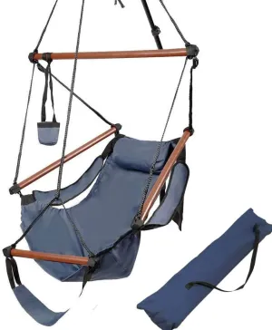 Hammock Swing Chair Hanging Sky Chair,Indoor/Outdoor Patio Air Deluxe Swing Seat Solid Wood Hammock Chair with Armrests,Foot Rest,Pillow,Drink Holder and Carrying Bag (Blue)
